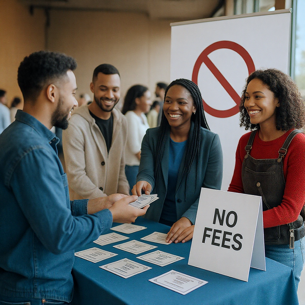 A community center event with diverse attendees purchasing tickets at a booth, with a 'No Fees' sign prominently display...