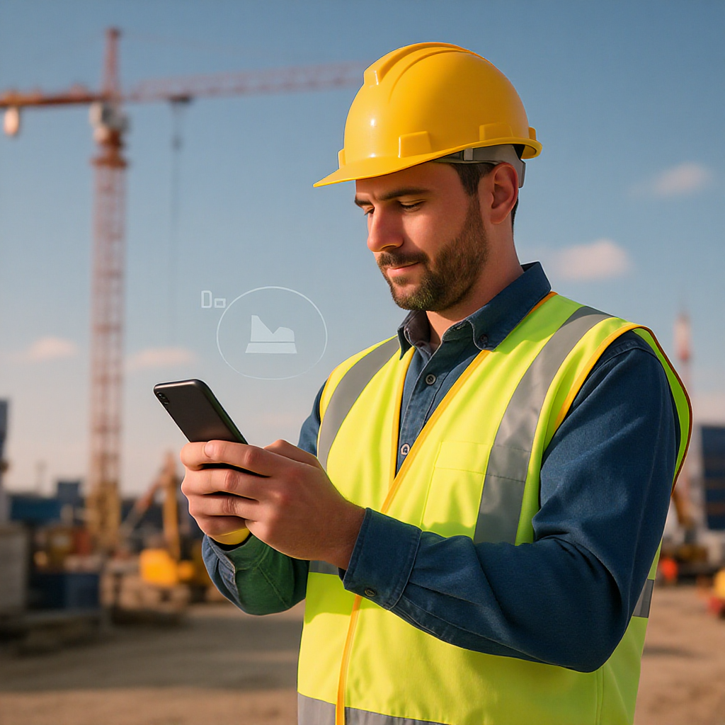 A contractor using a mobile app on a construction site, capturing survey data with a modern industrial background of cra...