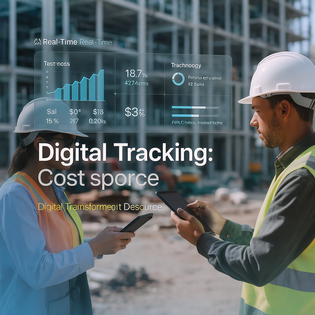 A modern construction site with engineers using tablets, overlaid with a real-time cost tracking dashboard, showcasing d...