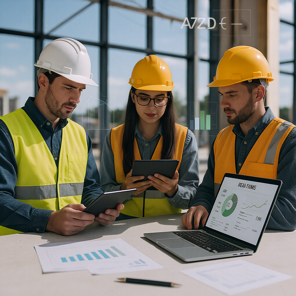 A modern construction site with workers using tablets and laptops to track material costs in real time, with graphs and...