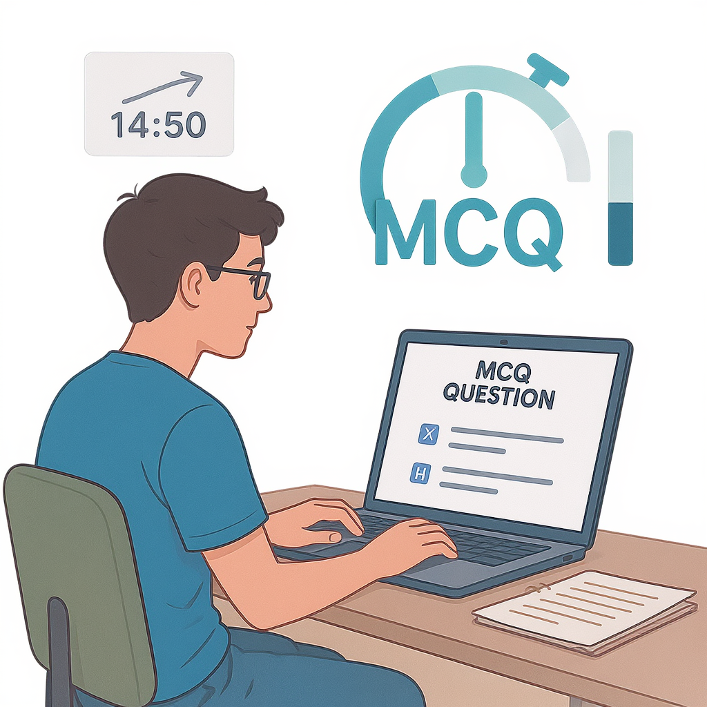A detailed illustration of a student at a desk with a laptop, answering practice MCQ questions on a screen. Include visu...