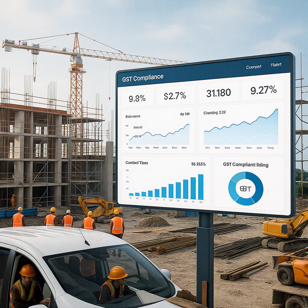 A modern construction site with workers, scaffolding, and machinery in the foreground. In the background, a large digita...