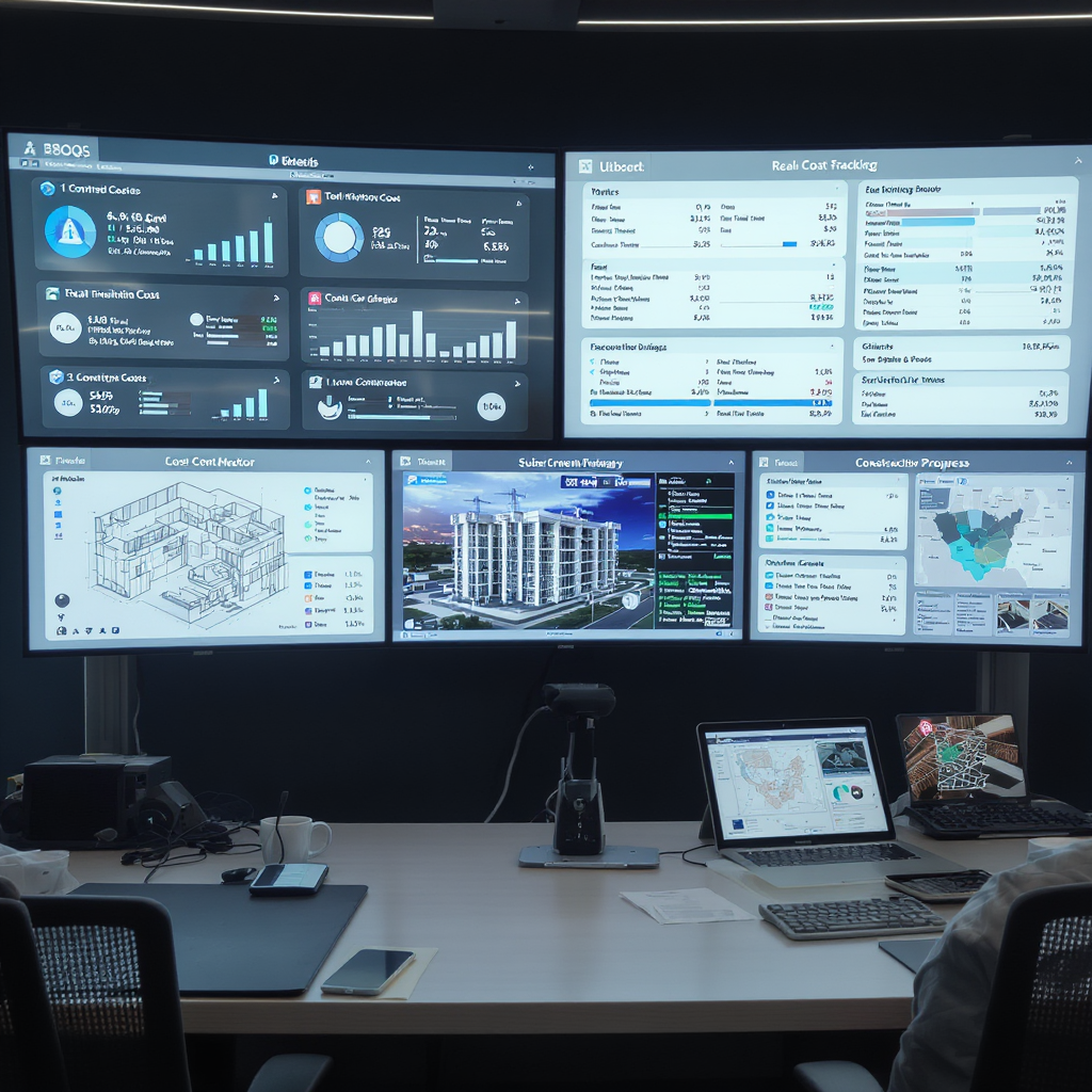 A realistic illustration of a construction site control room with dashboards showing BOQs, real-time cost tracking, and...