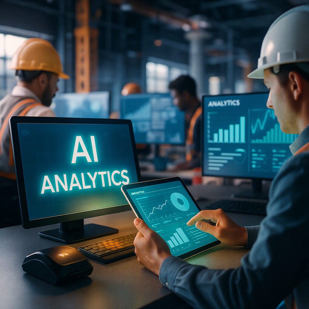A futuristic construction site with AI-powered analytics dashboards visible on tablets and screens; workers actively inp...