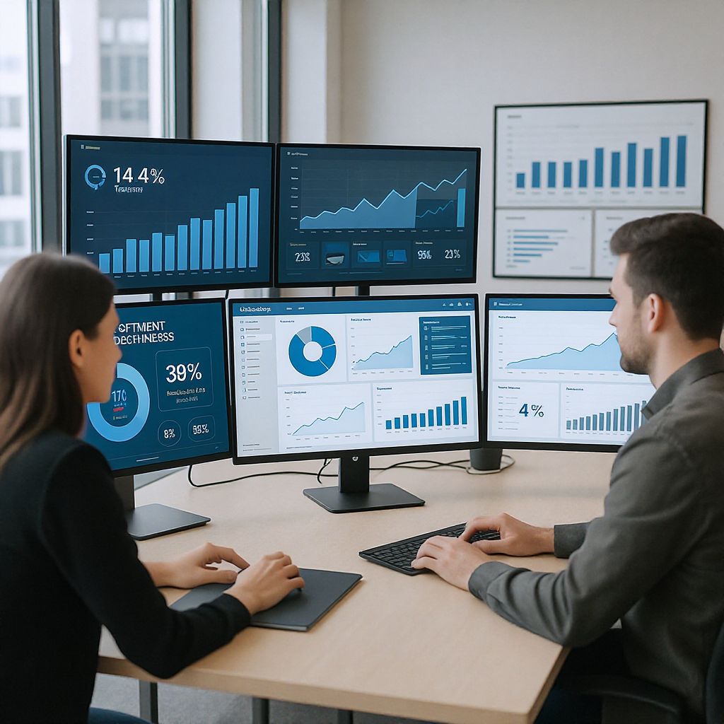 A modern office workspace with multiple screens showing integrated software dashboards, graphs, and real-time metrics. I...