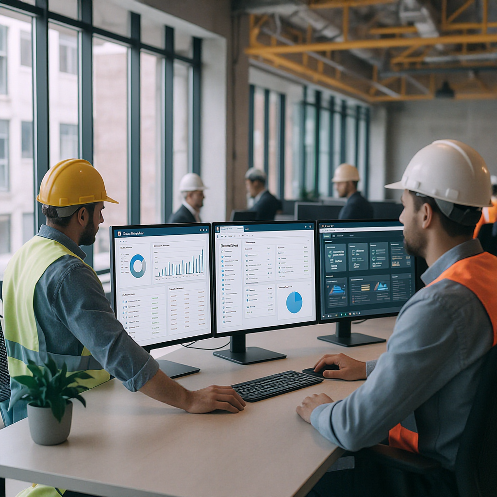 A construction site office with engineers and project managers working on screens displaying ERP dashboards, showing cos...