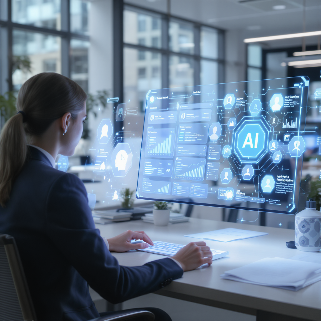 A futuristic office setting with a recruiter using an AI-powered dashboard to analyze resumes. Include graphs and a glow...