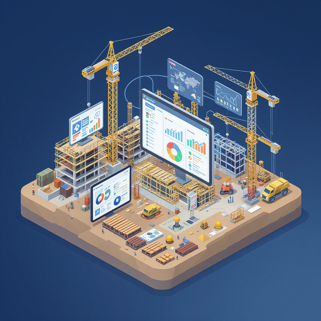 A detailed isometric illustration of a construction site with interconnected digital dashboards, representing ERP system...