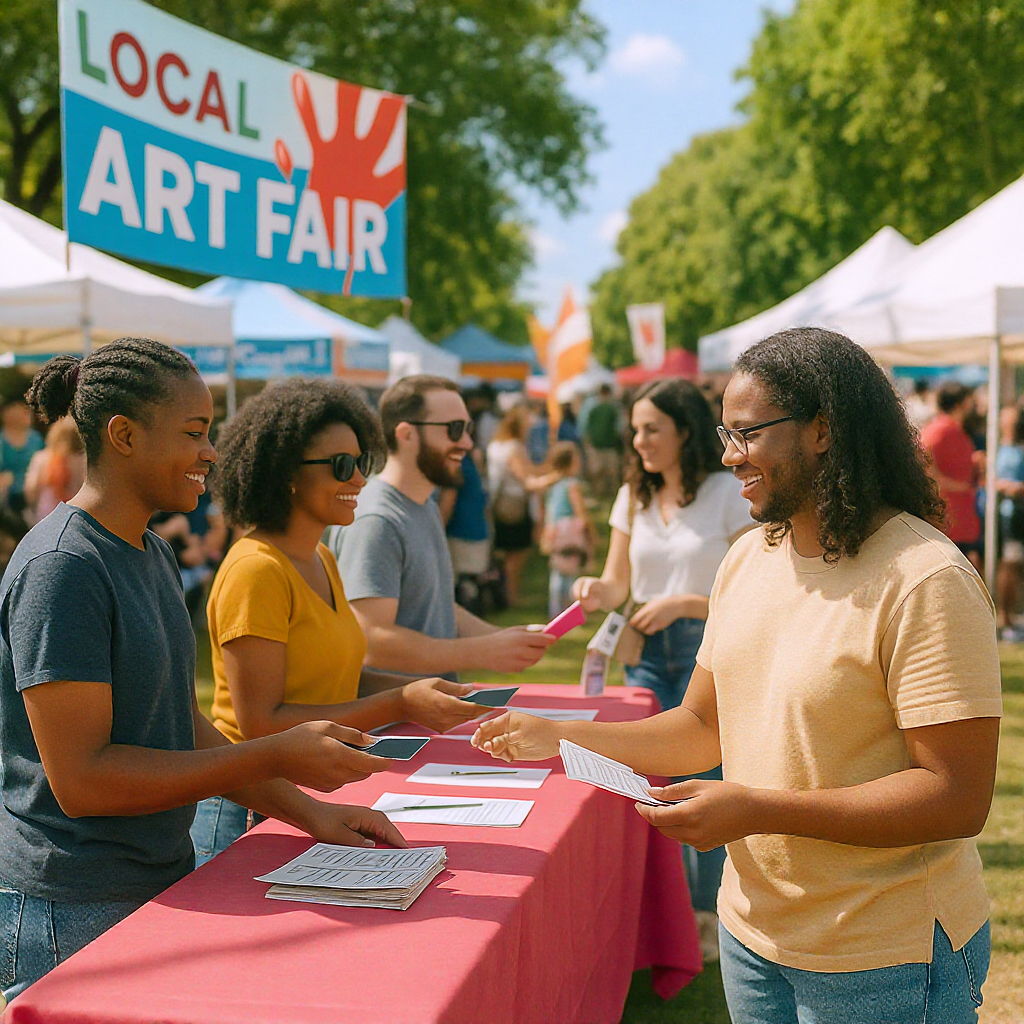 A community event scene with people of diverse backgrounds buying tickets at a booth, vibrant outdoor setting, banners s...
