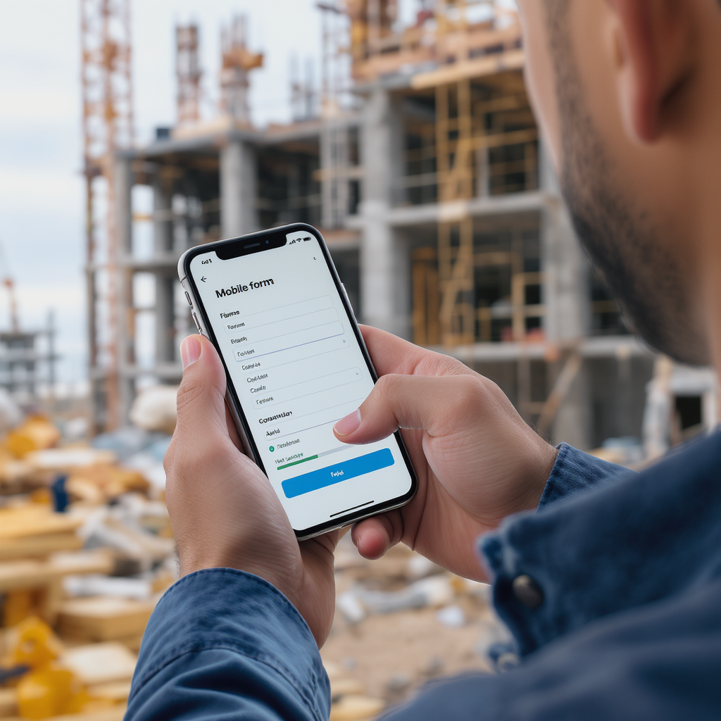 A contractor on a construction site using a mobile app on their smartphone, showing digital forms and a progress bar. Ba...