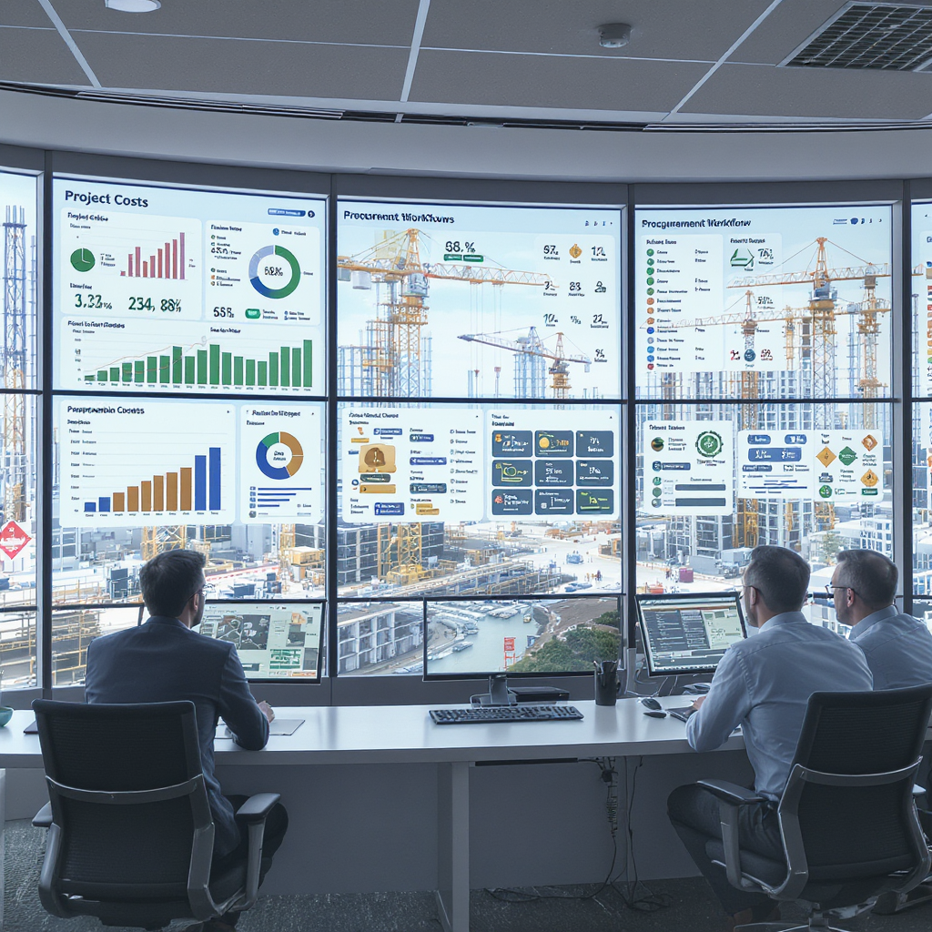 A detailed illustration of a construction site control room with digital dashboards showing project costs, HR, and procu...