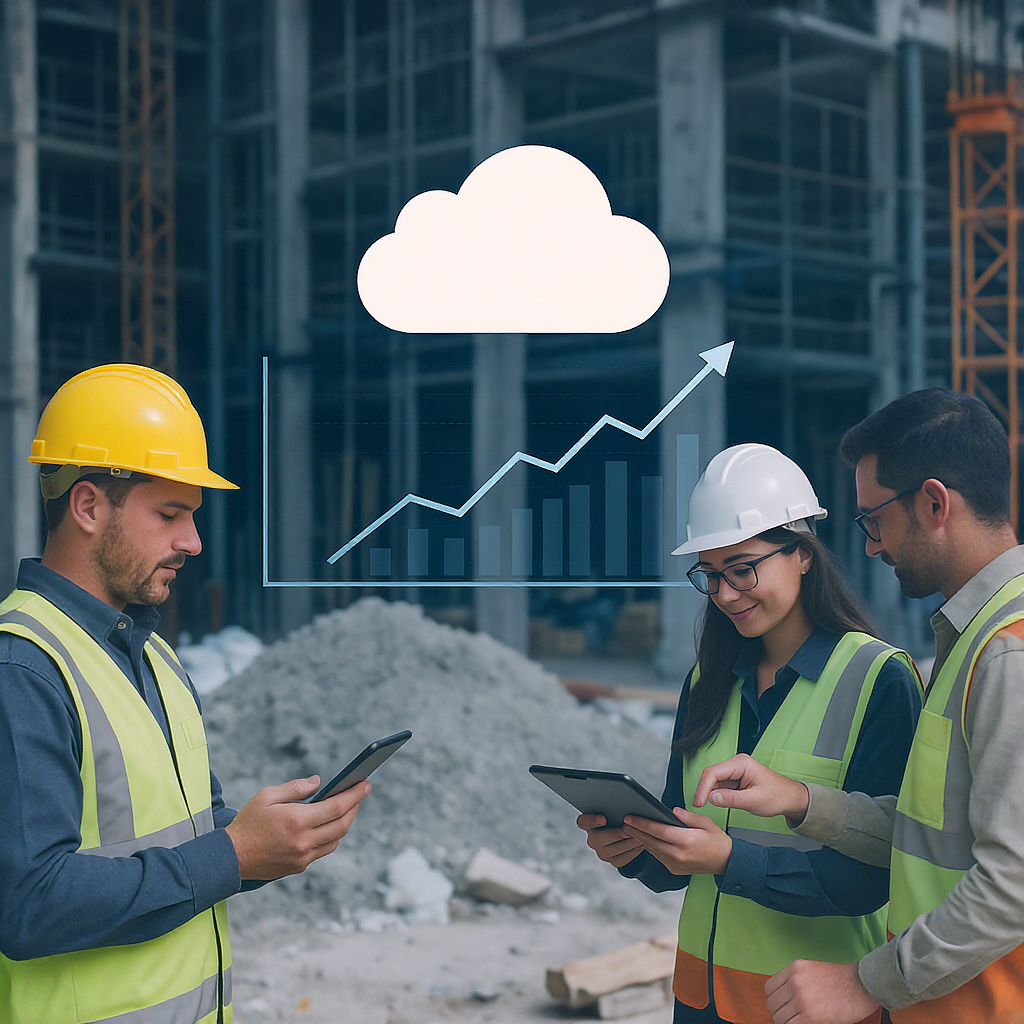 A construction site with workers reviewing digital tablets, a cloud icon hovering above, and graphs showing real-time co...