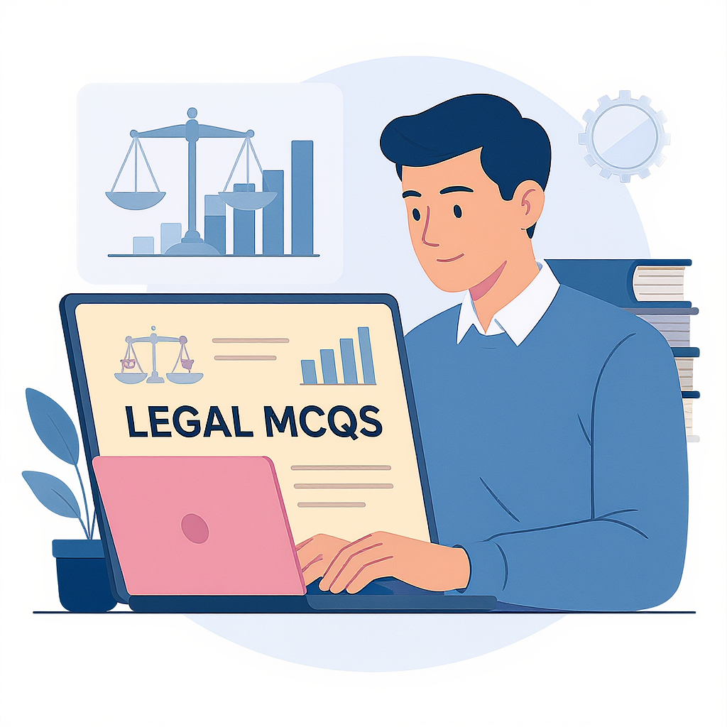 A modern illustration of a student solving legal MCQs on a laptop, with analytics graphs and law books in the background...
