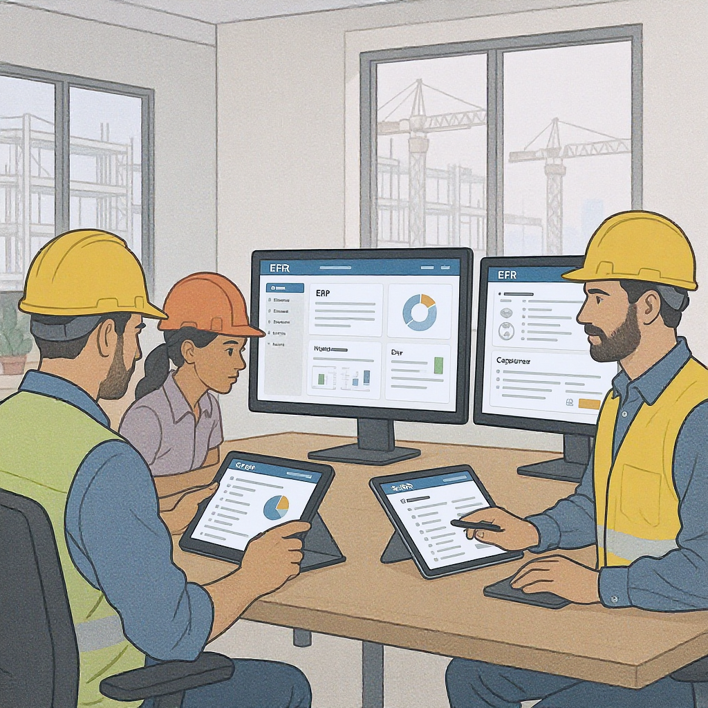 A detailed illustration showing construction site workers using tablets and computers in an office setting, dashboards a...
