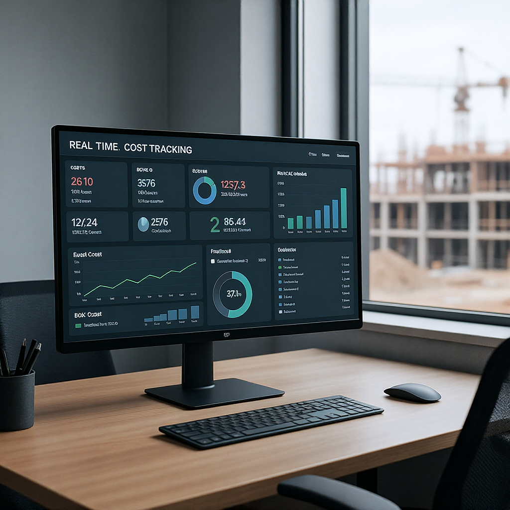 A contractor's office showing a dashboard with real-time project cost tracking, including graphs and BOQ data on a compu...