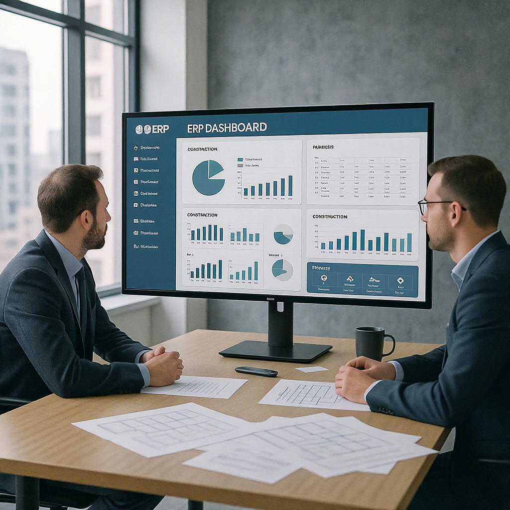 A realistic illustration of construction project managers in an office, reviewing ERP dashboards on a large screen, surr...
