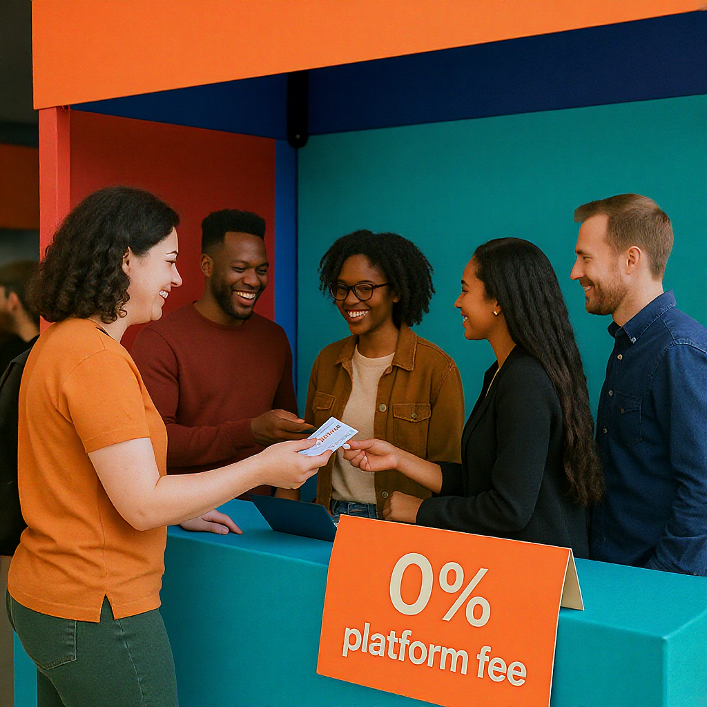 A community theatre event with diverse attendees purchasing tickets at a booth, showing a '0% platform fee' signage at t...