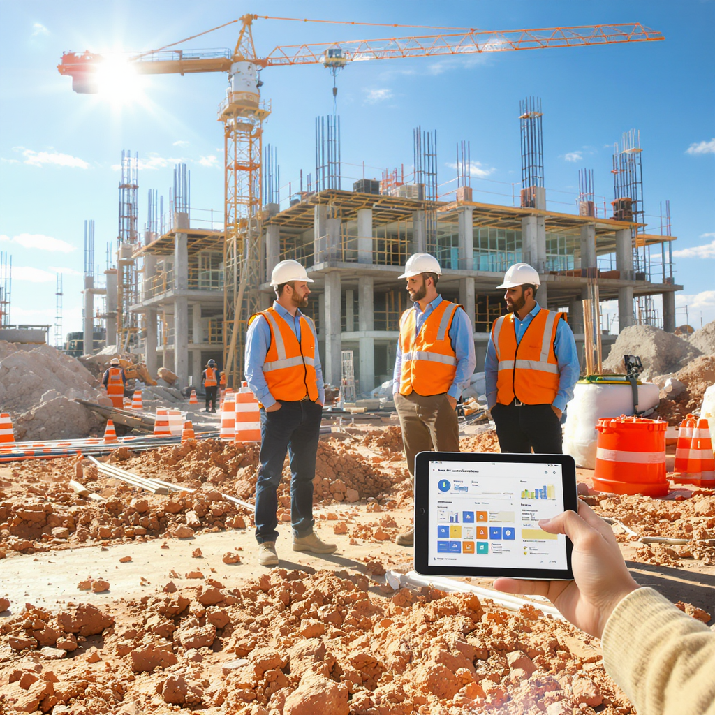 A mid-sized construction site with workers in safety gear, modern equipment, and digital tablets showing project managem...