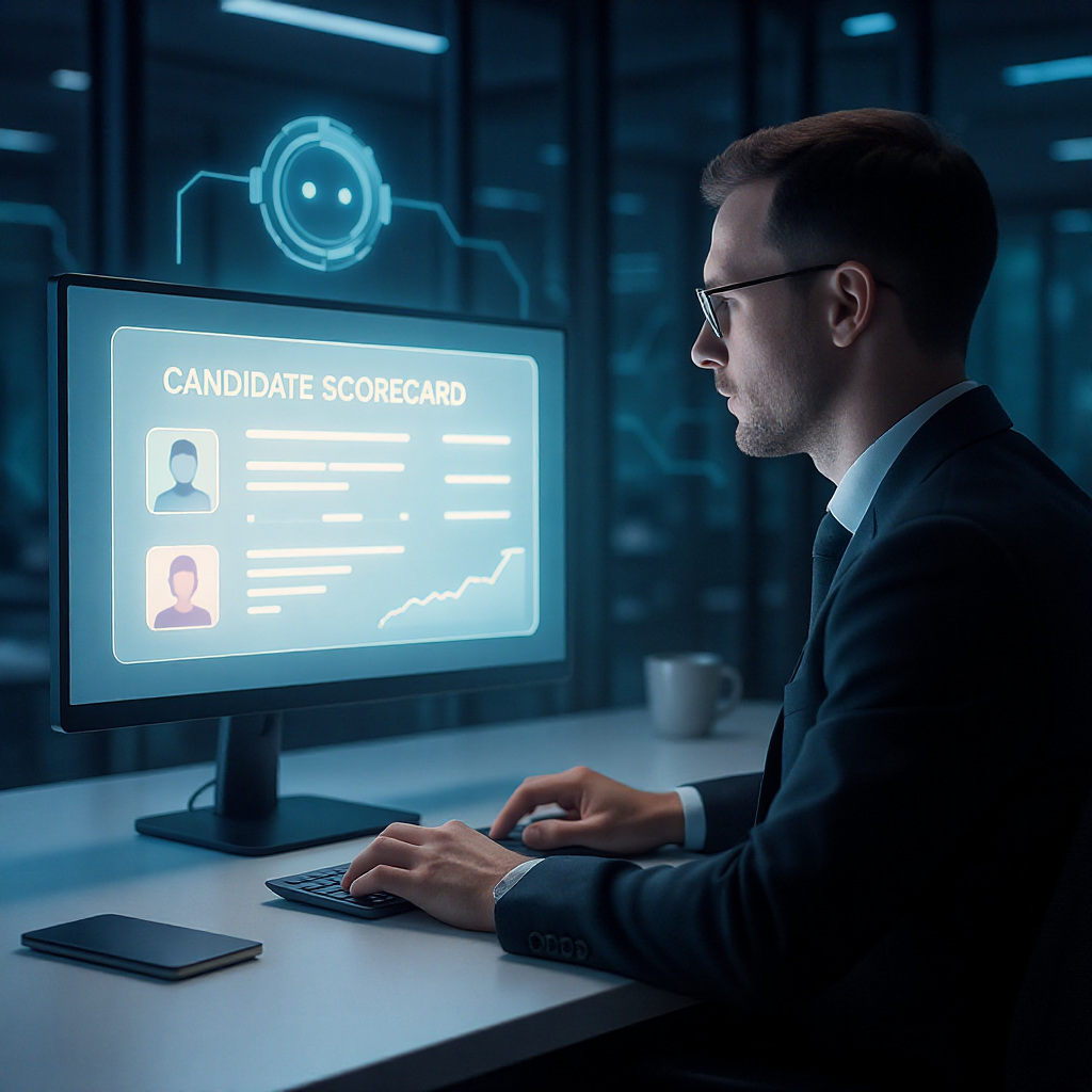 A futuristic office environment showing a recruiter analyzing a digital candidate scorecard on a screen, with glowing AI...