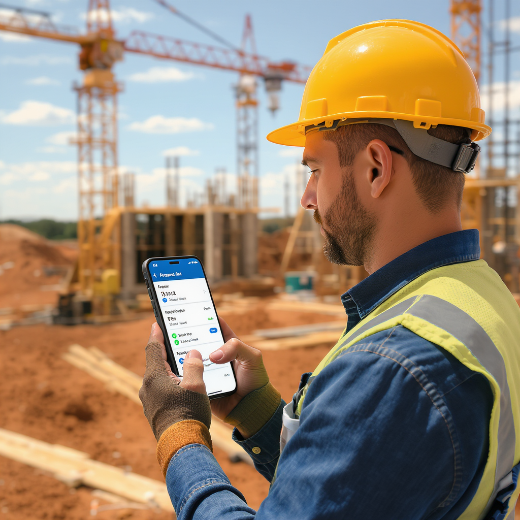 A contractor on a construction site using a mobile app on their phone, with visible prospect data and follow-up reminder...