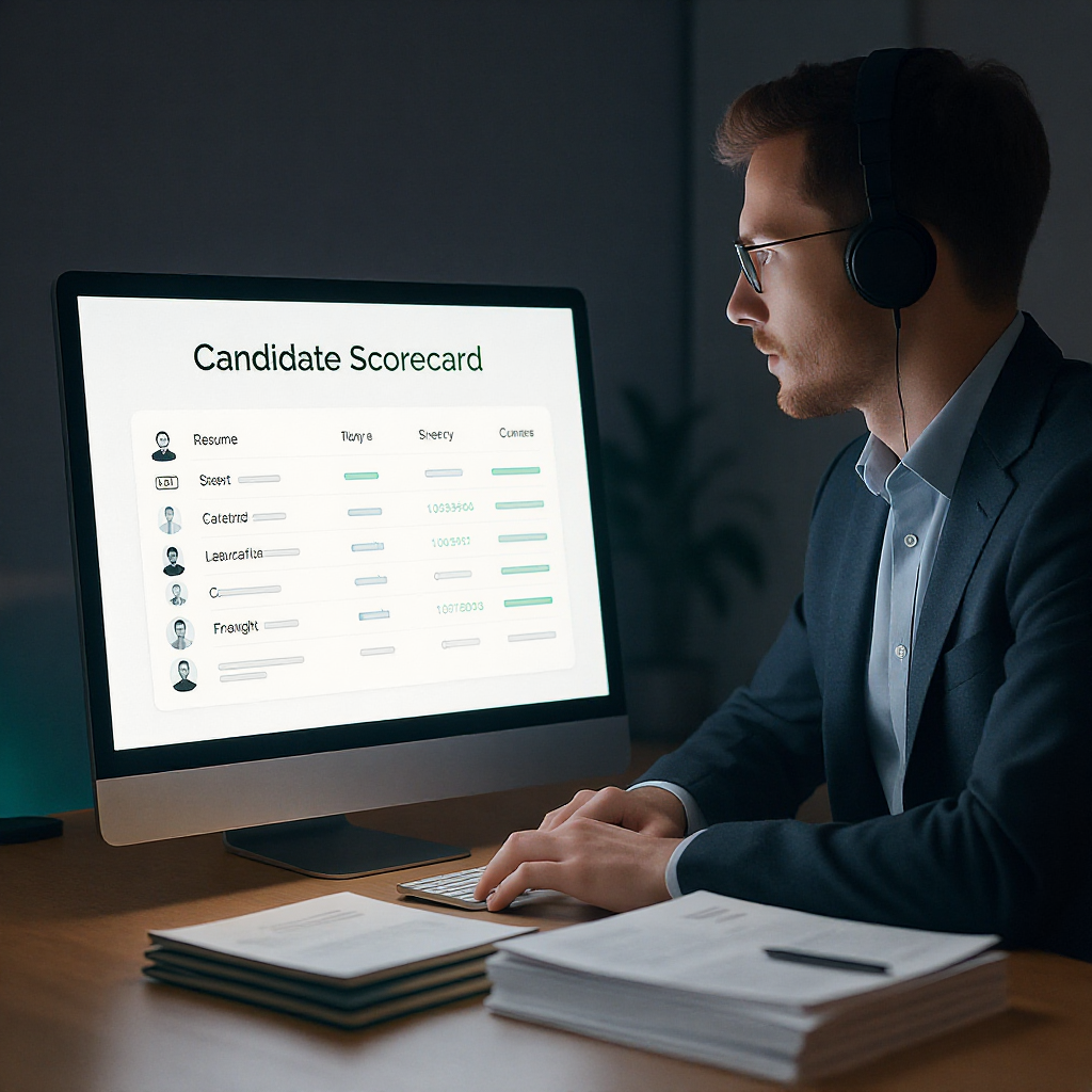 A professional recruiter at a desk, looking at a glowing screen displaying an AI-generated candidate scorecard, with a s...