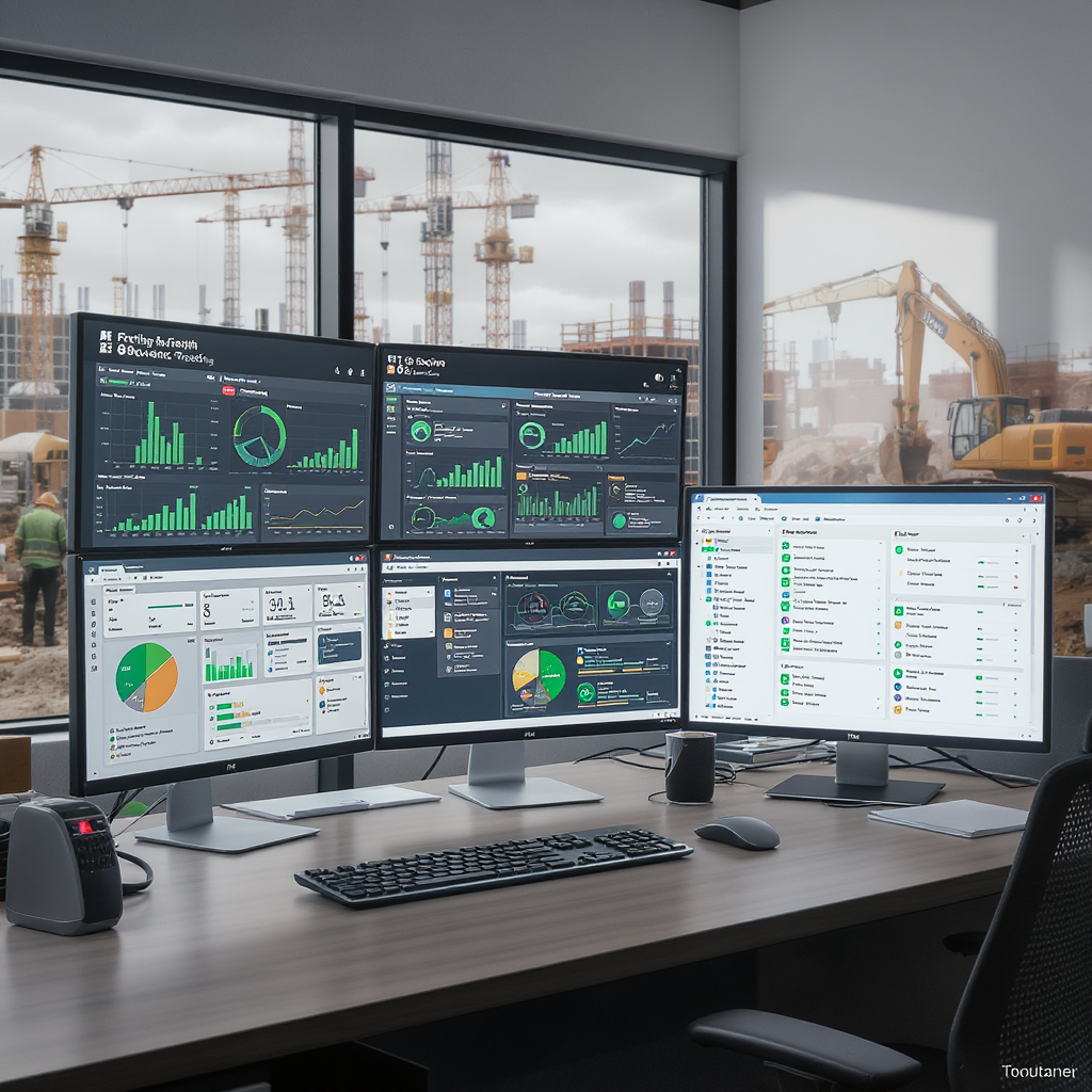 A realistic illustration of a construction site office with dashboards on multiple screens showing real-time project tra...