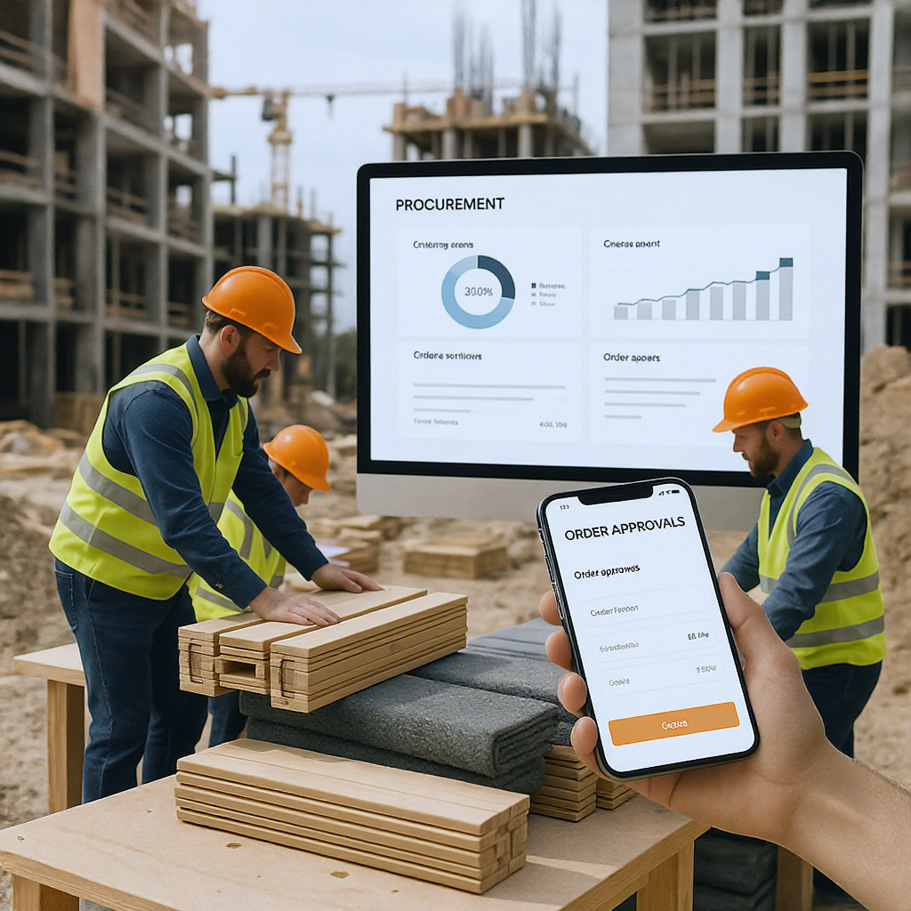A construction site with workers organizing materials, digital dashboards in the background showing procurement workflow...