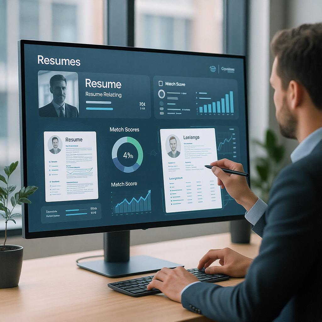 A modern office setting with a recruiter analyzing resumes on a futuristic AI-powered dashboard, featuring graphs and ma...