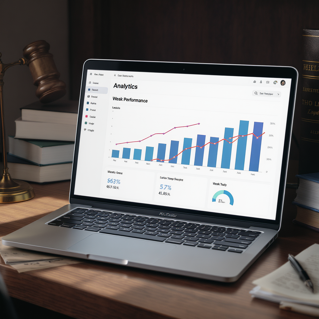 A detailed illustration of a study desk with an open laptop showing an analytics dashboard highlighting weak performance...