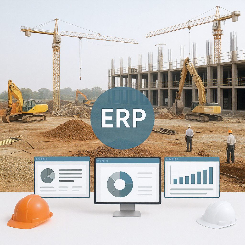 An Indian construction site with workers, machinery, and visible project management dashboards overlaid digitally, symbo...