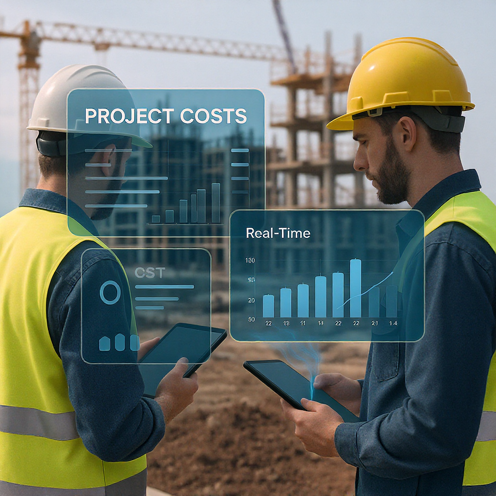 A modern construction site with workers using tablets to monitor project costs, with digital dashboards overlaid on the...