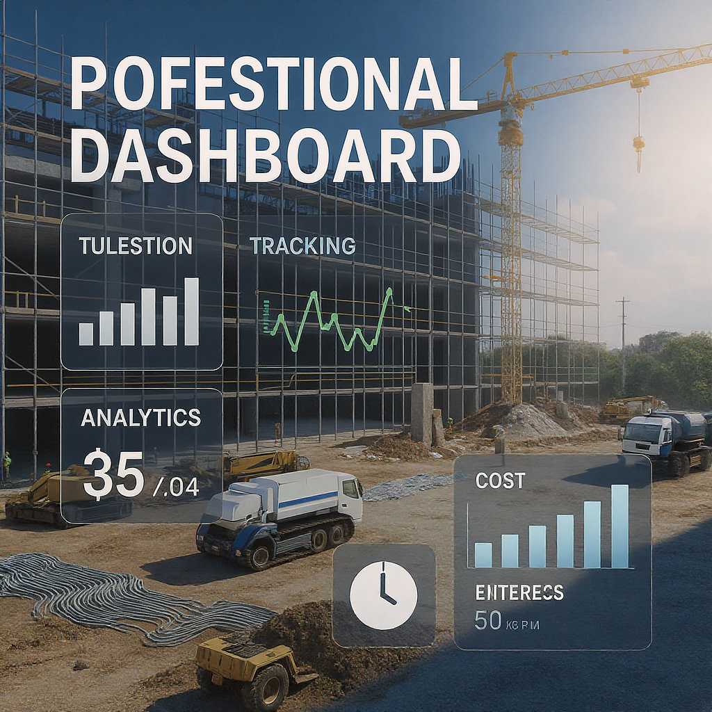 A modern construction site with workers, scaffolding, and equipment, overlaid with digital dashboard visuals showing cos...