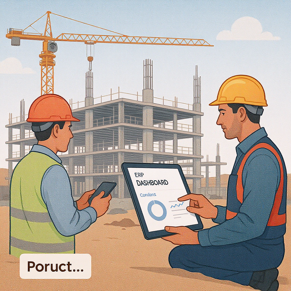 A detailed illustration of a construction site with workers using tablets to check ERP dashboards, emphasizing technolog...