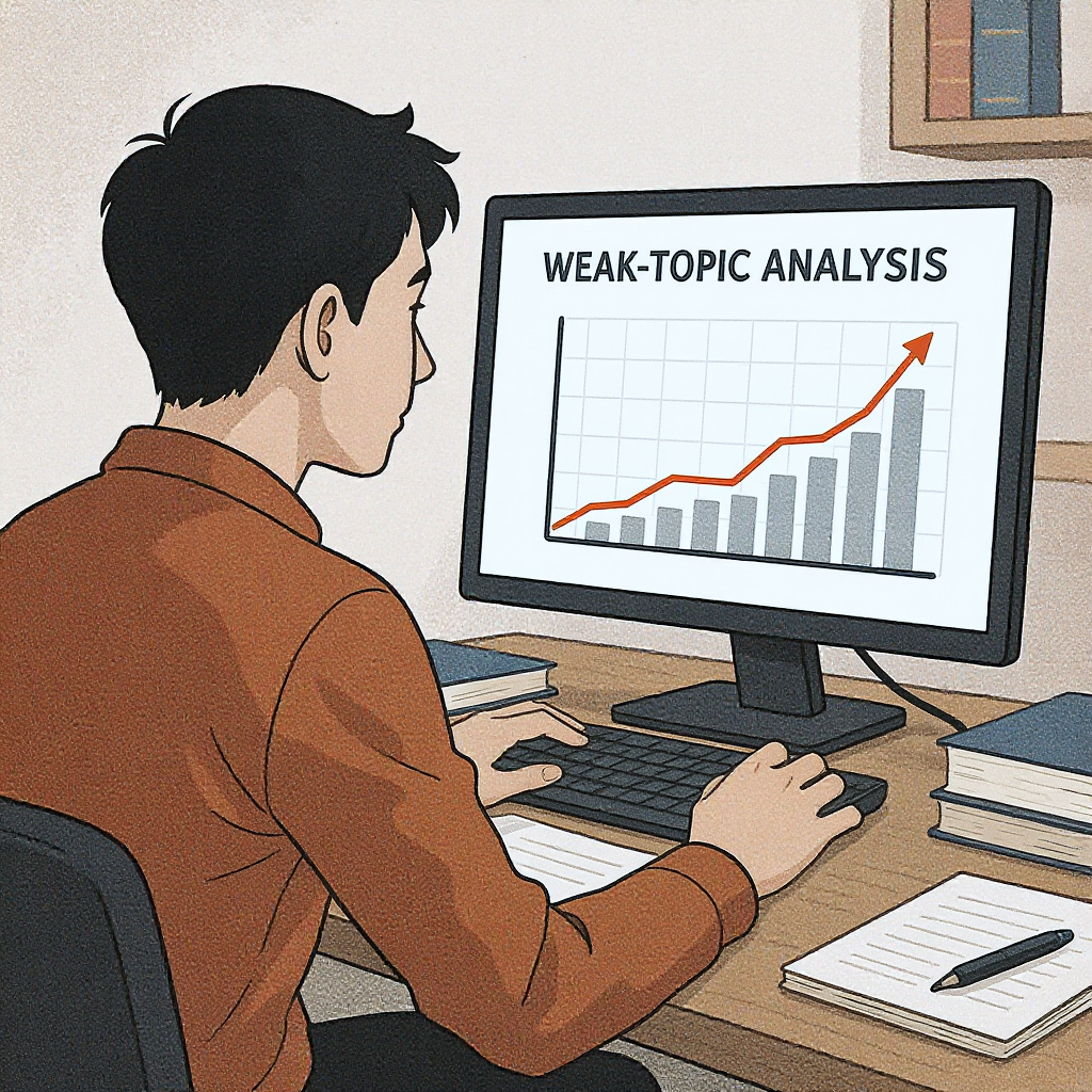 A detailed illustration of a student at a desk with a computer screen showing a graph of weak-topic analysis for legal s...