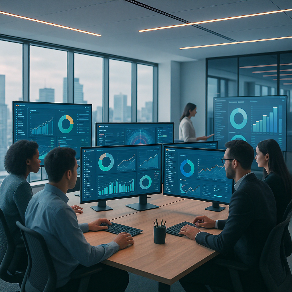 A modern office workspace with multiple monitors displaying dashboards and analytics, diverse professionals collaboratin...