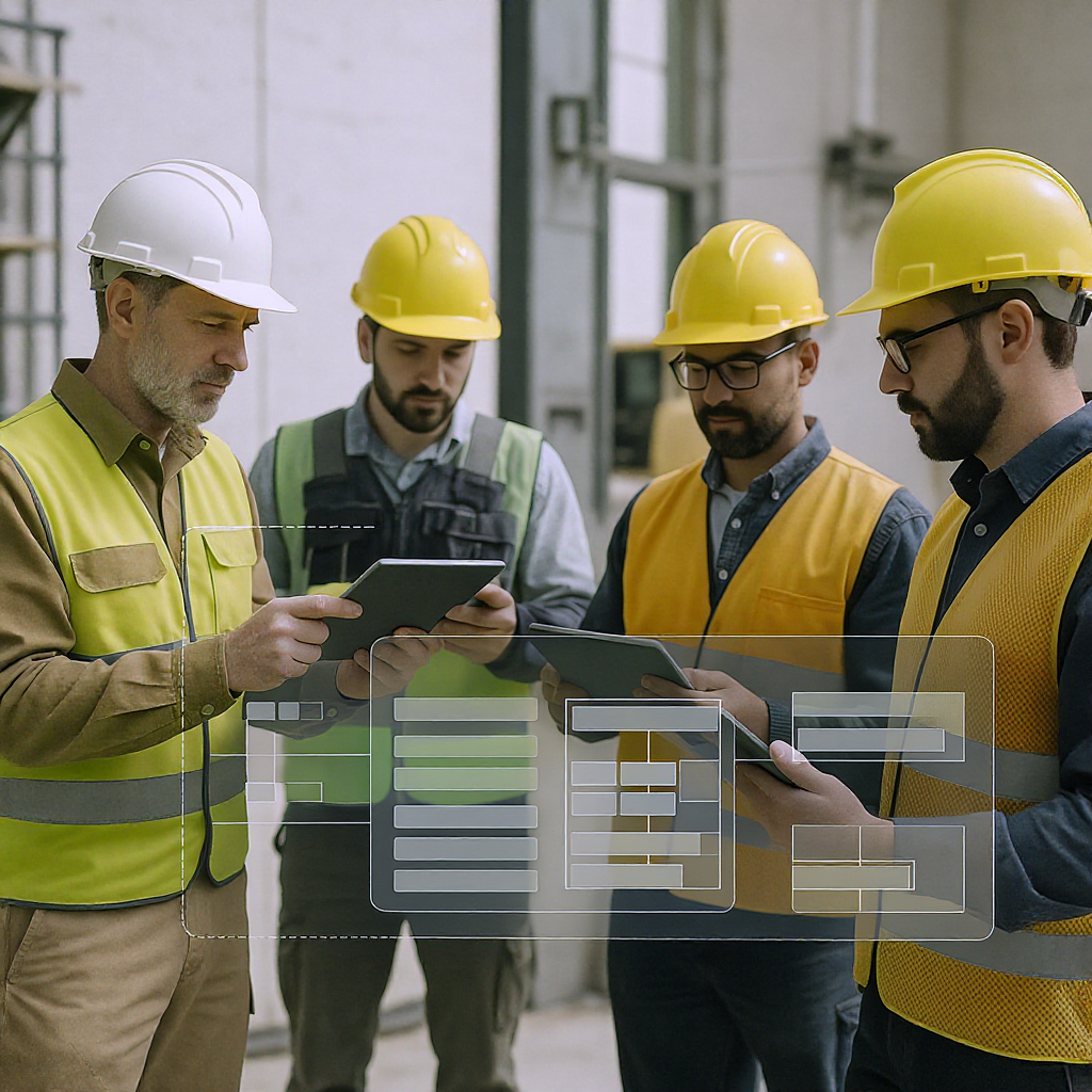 An image of a construction site with multiple engineers using tablets, showing interconnected workflows and a digital da...