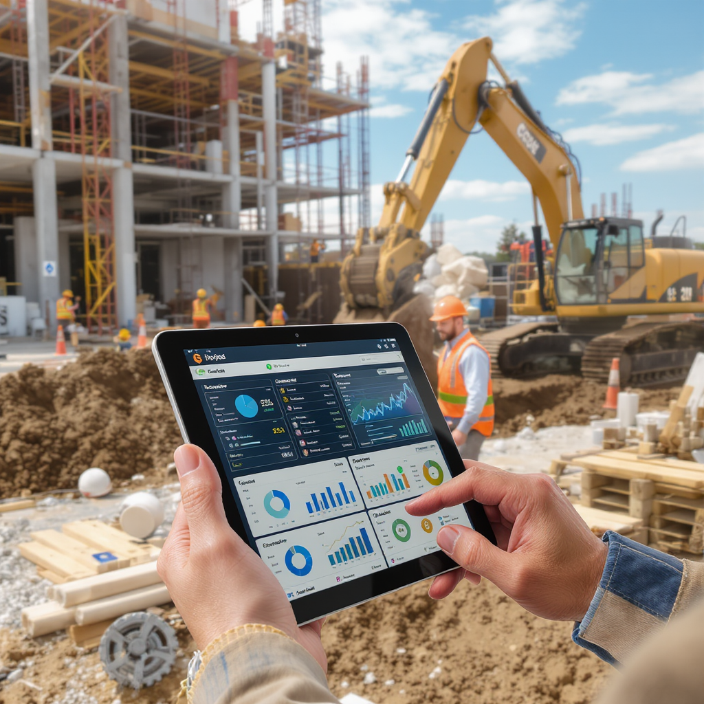 A construction site with visible cost tracking dashboards on tablets, subcontractors working, and machinery operating ef...