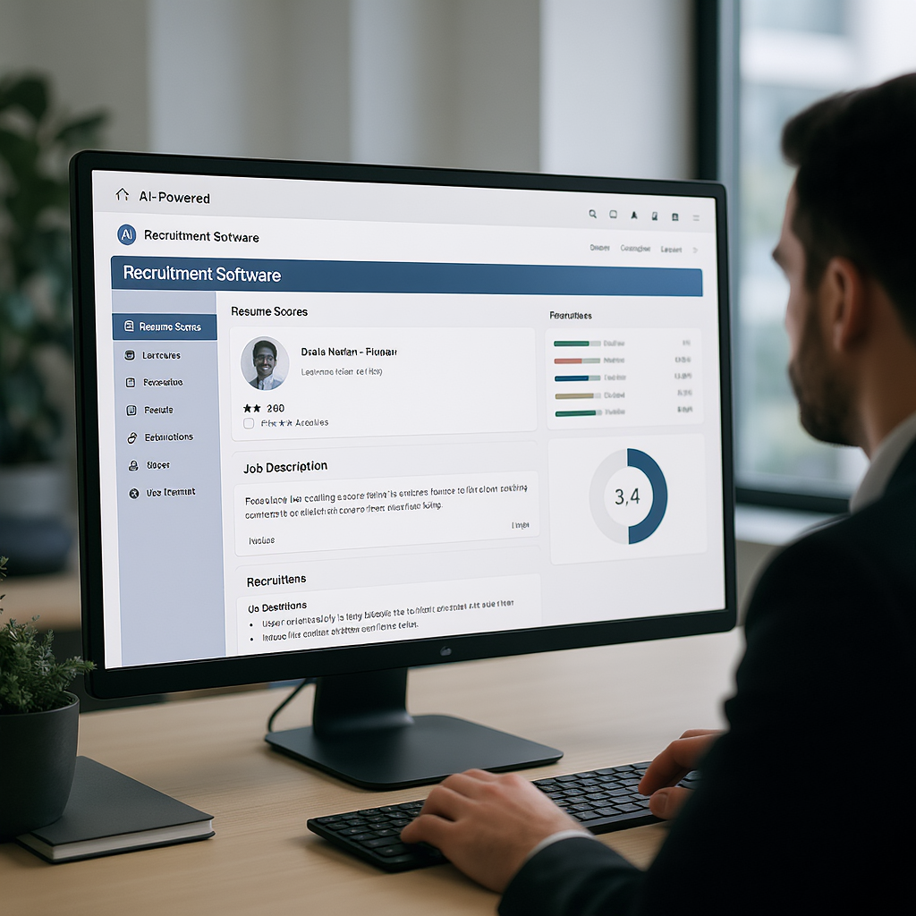 An AI-powered recruitment software interface on a desktop screen, showing a dashboard with resume scores and a job descr...