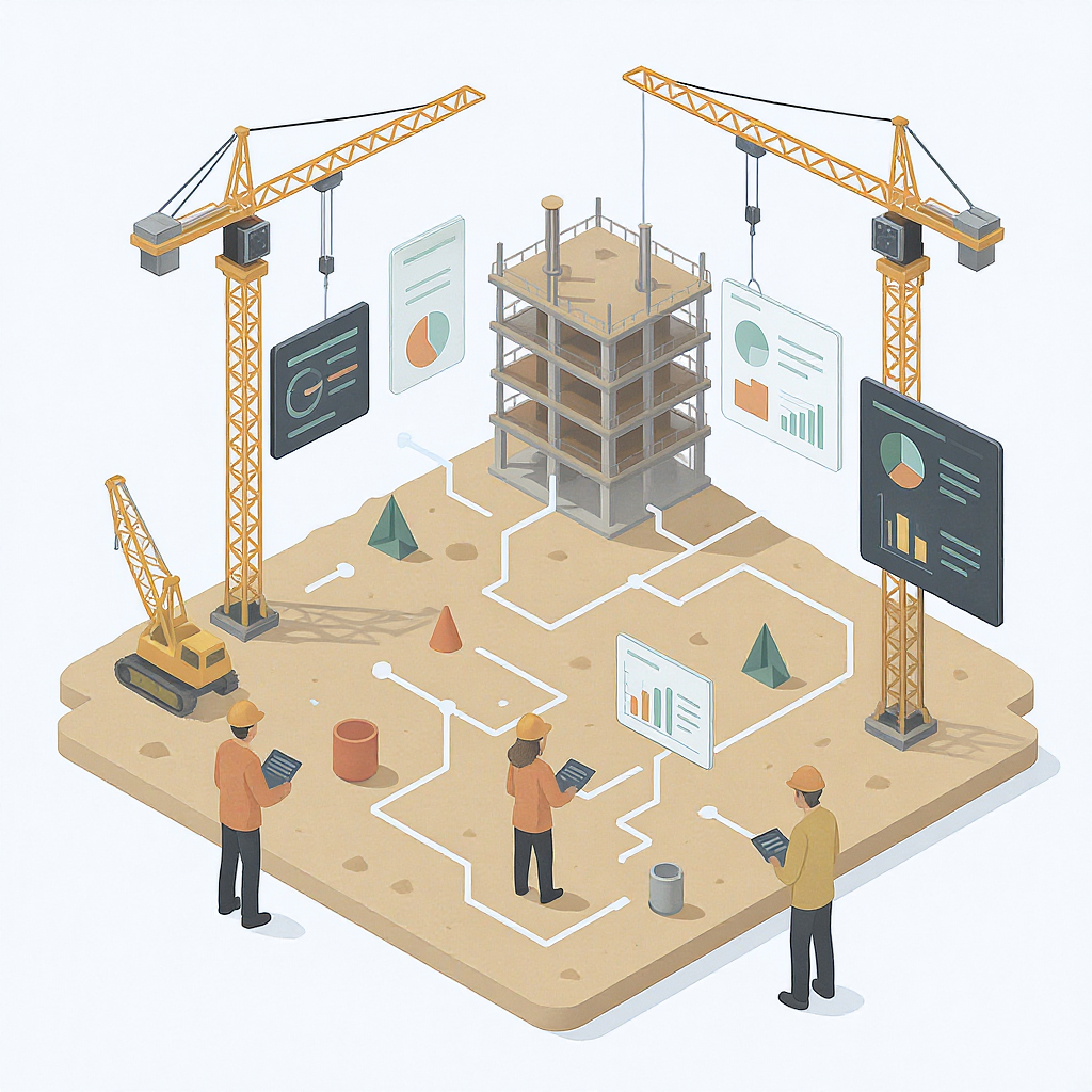 An isometric illustration of a construction site with interconnected digital dashboards, cranes, and workers using table...