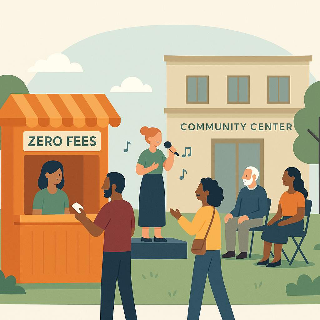 An illustration of a small cultural event with diverse attendees, a ticket booth labeled 'Zero Fees,' and a community ce...