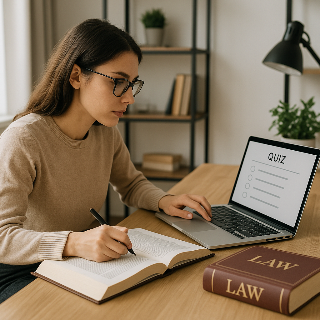 A focused law student sitting at a desk with legal textbooks and a laptop showing a quiz interface, in a modern home off...