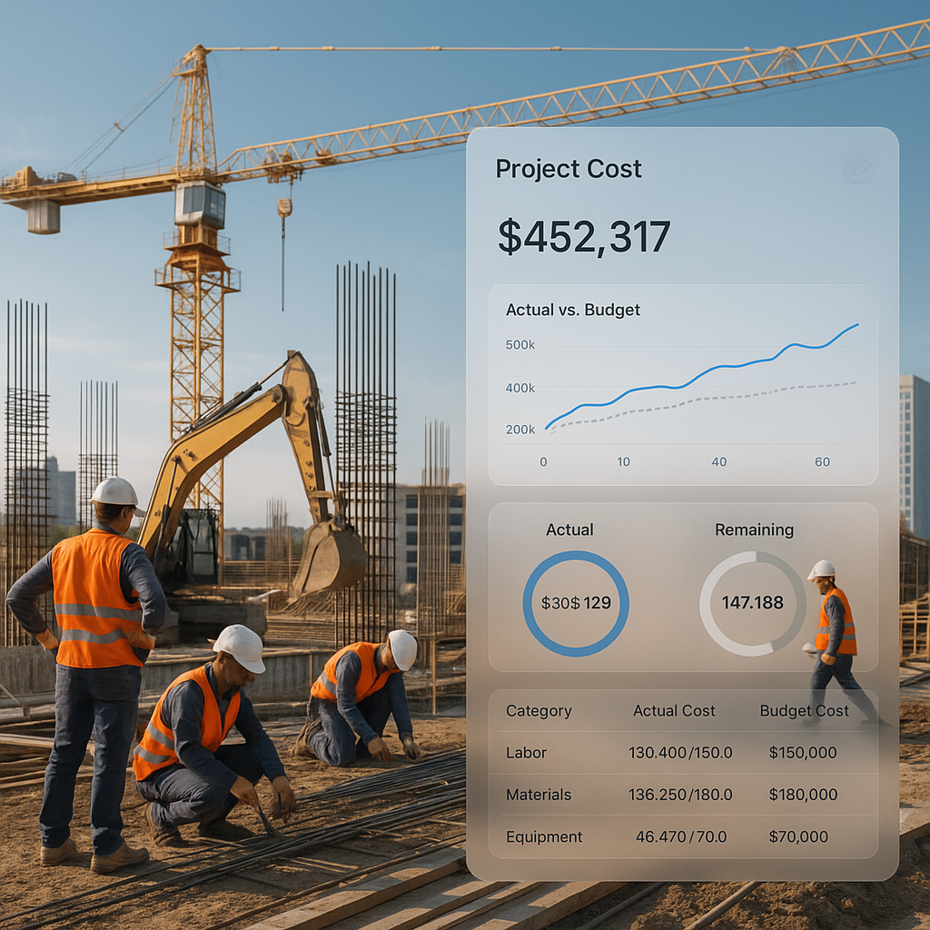 A modern construction site with workers and machinery, overlaid with a transparent digital dashboard showing project cos...