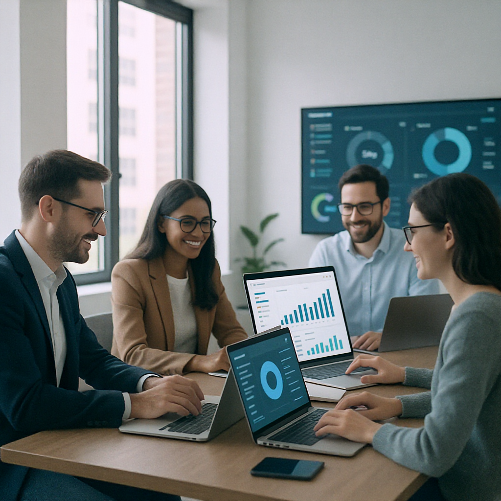 A business team in a modern office working on laptops with data dashboards on their screens, showcasing seamless teamwor...