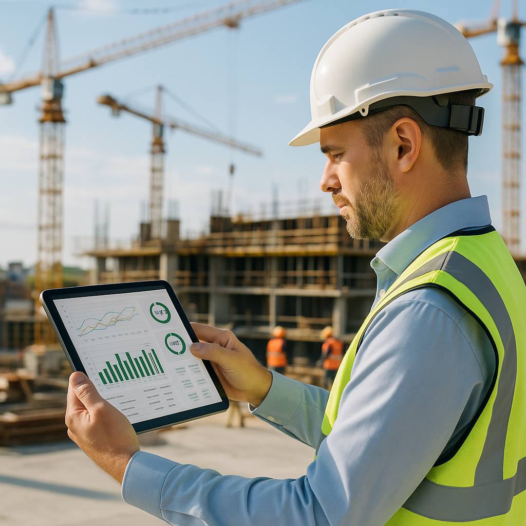A construction project manager reviewing a real-time dashboard on a tablet at a construction site, with cranes and worke...