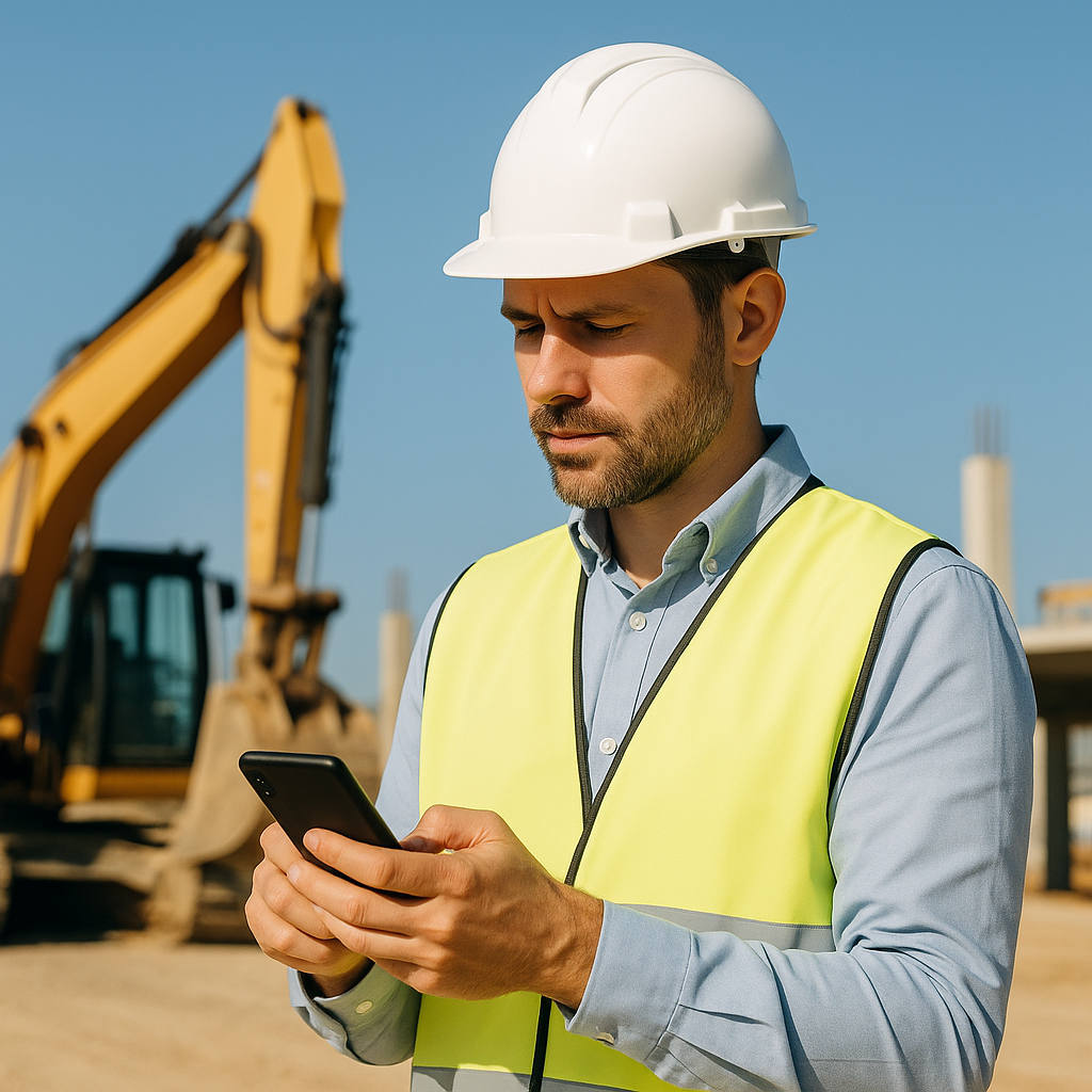 A construction supervisor on-site using a smartphone to input data into an app, with a clear blue sky and construction e...