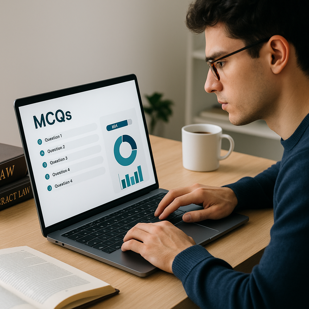 A focused law student reviewing MCQs on a laptop, with a modern, sleek interface showing progress bars and analytics. Ba...