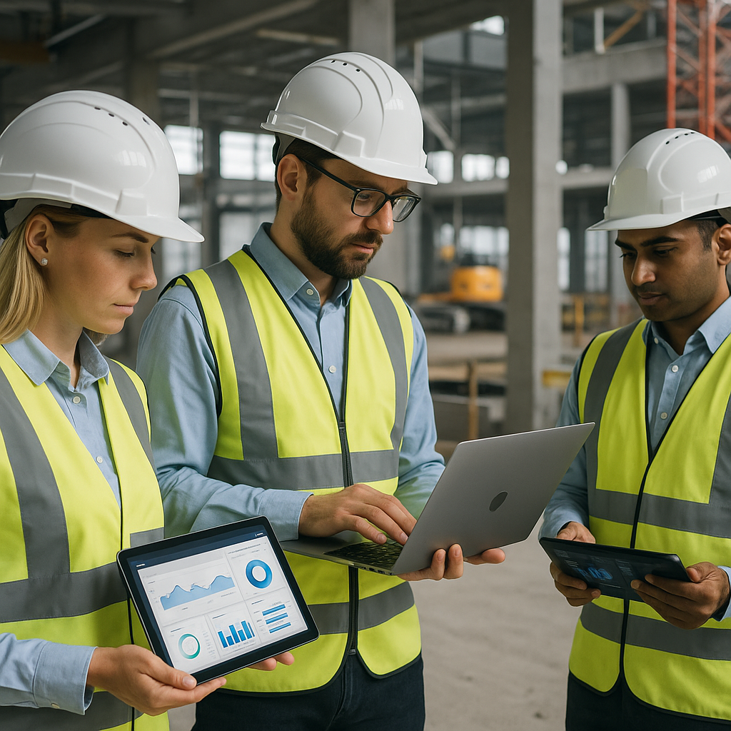 A construction site with project managers using tablets and laptops, showing dashboards in real-time. Modern, profession...