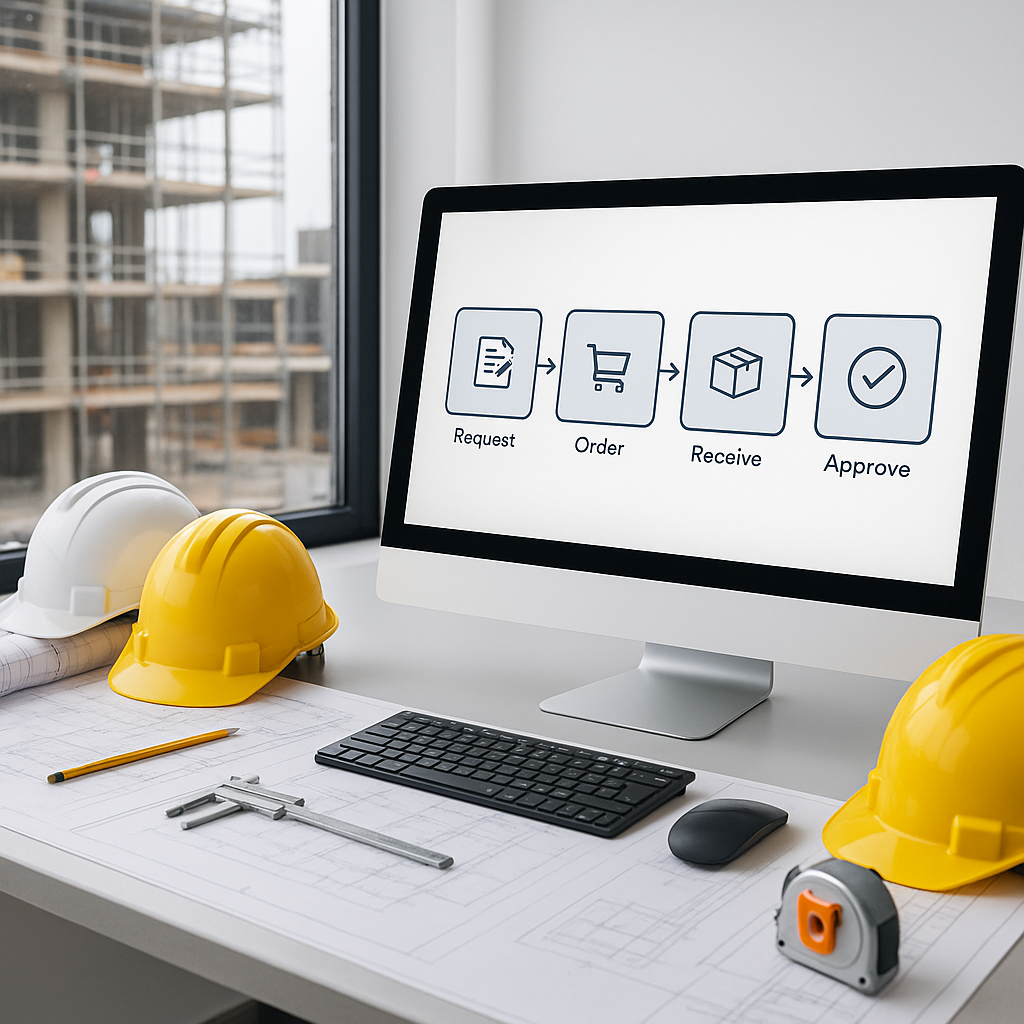 A construction site office with a computer screen displaying a digital procurement workflow, surrounded by blueprints, h...