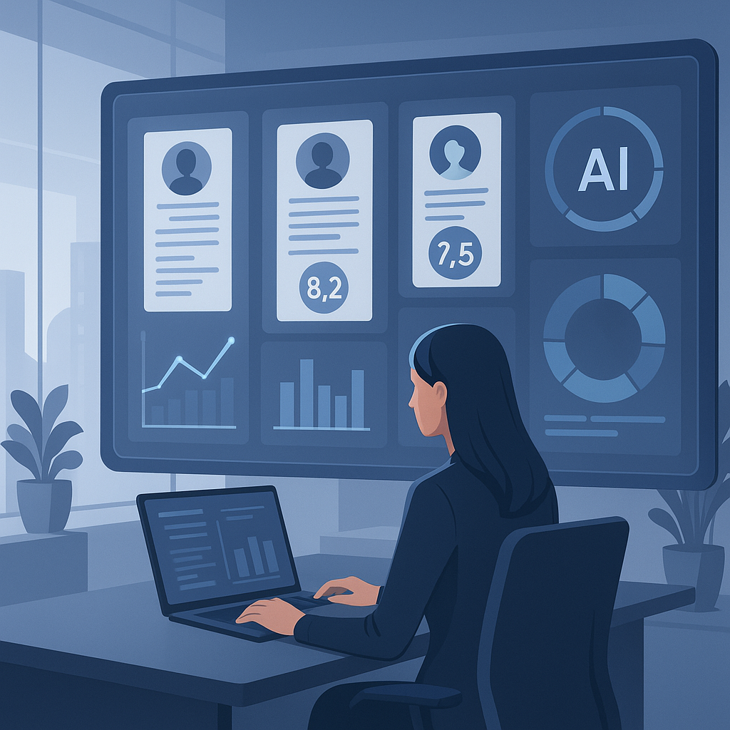 A futuristic office scene with a recruiter using a sleek AI-powered dashboard to analyze resumes, with digital scores an...