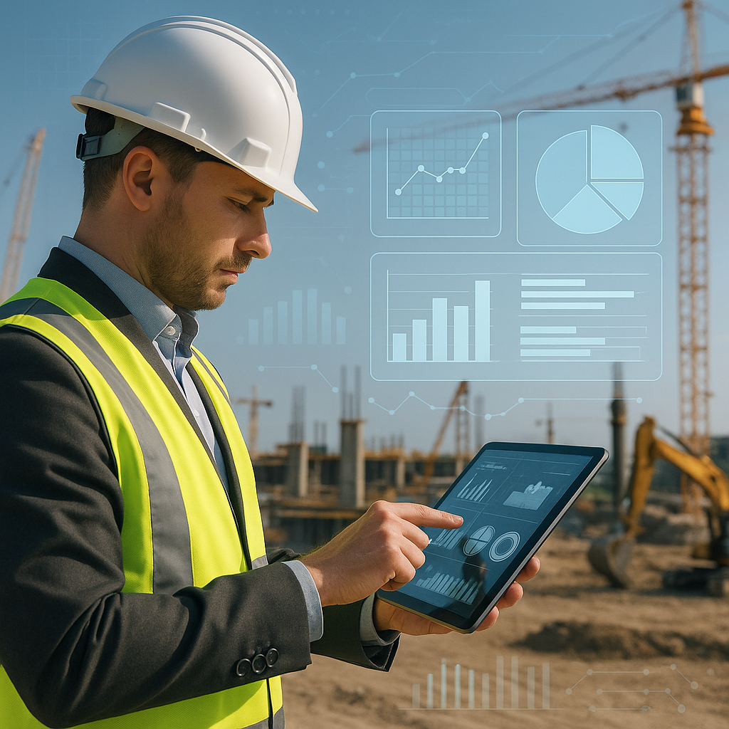 A construction manager at a site, reviewing real-time project dashboards on a tablet, with cranes and construction equip...